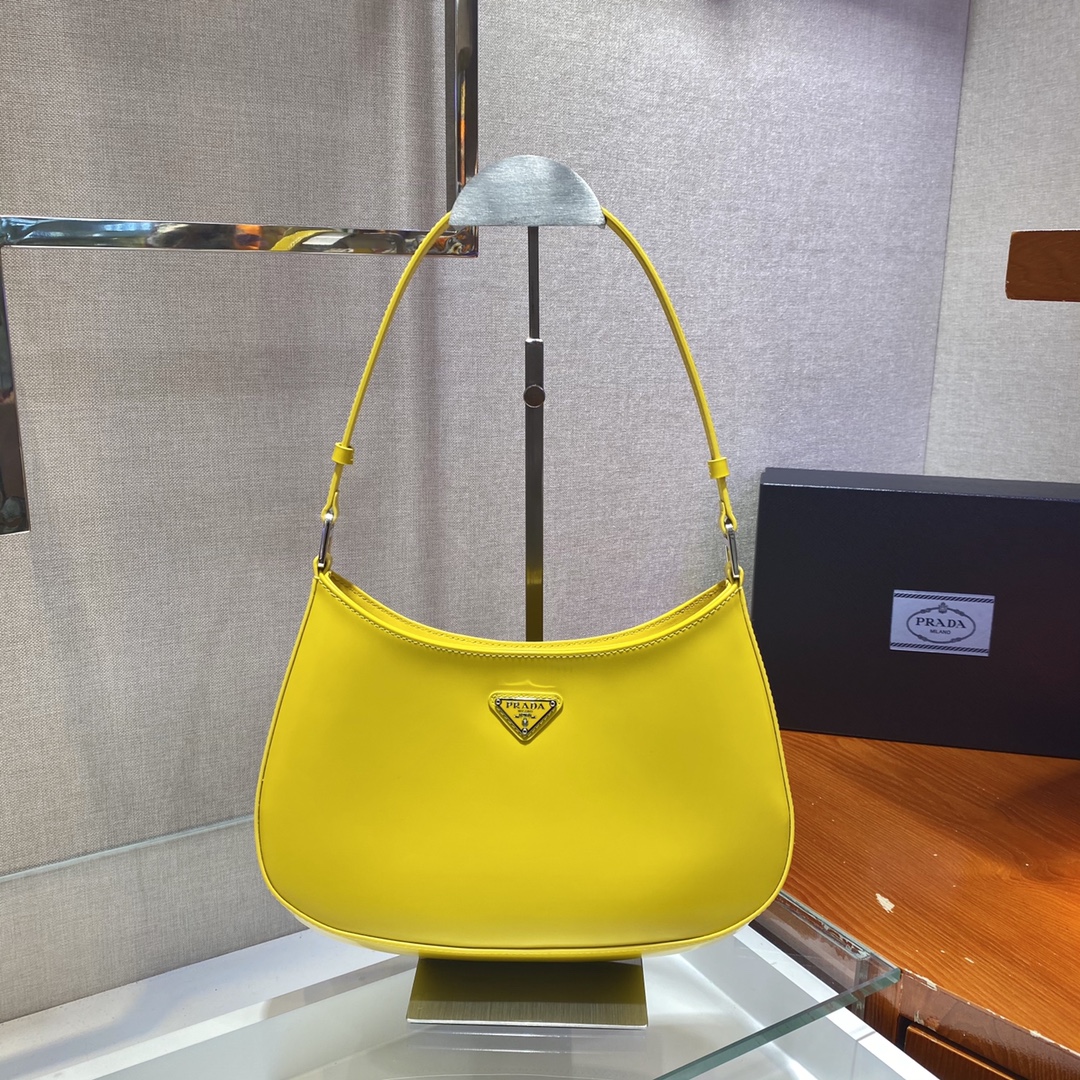 Prada Cleo Brushed Leather Shoulder Bag Lemon Yellow 1BC499